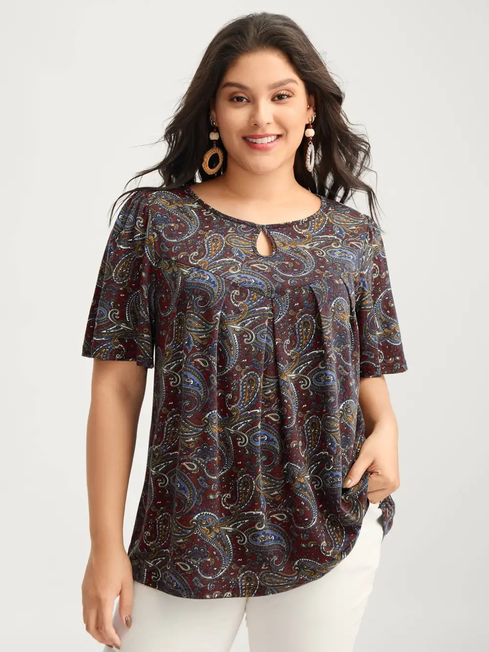 Paisley Print Neck Cut-Out Pleated Top