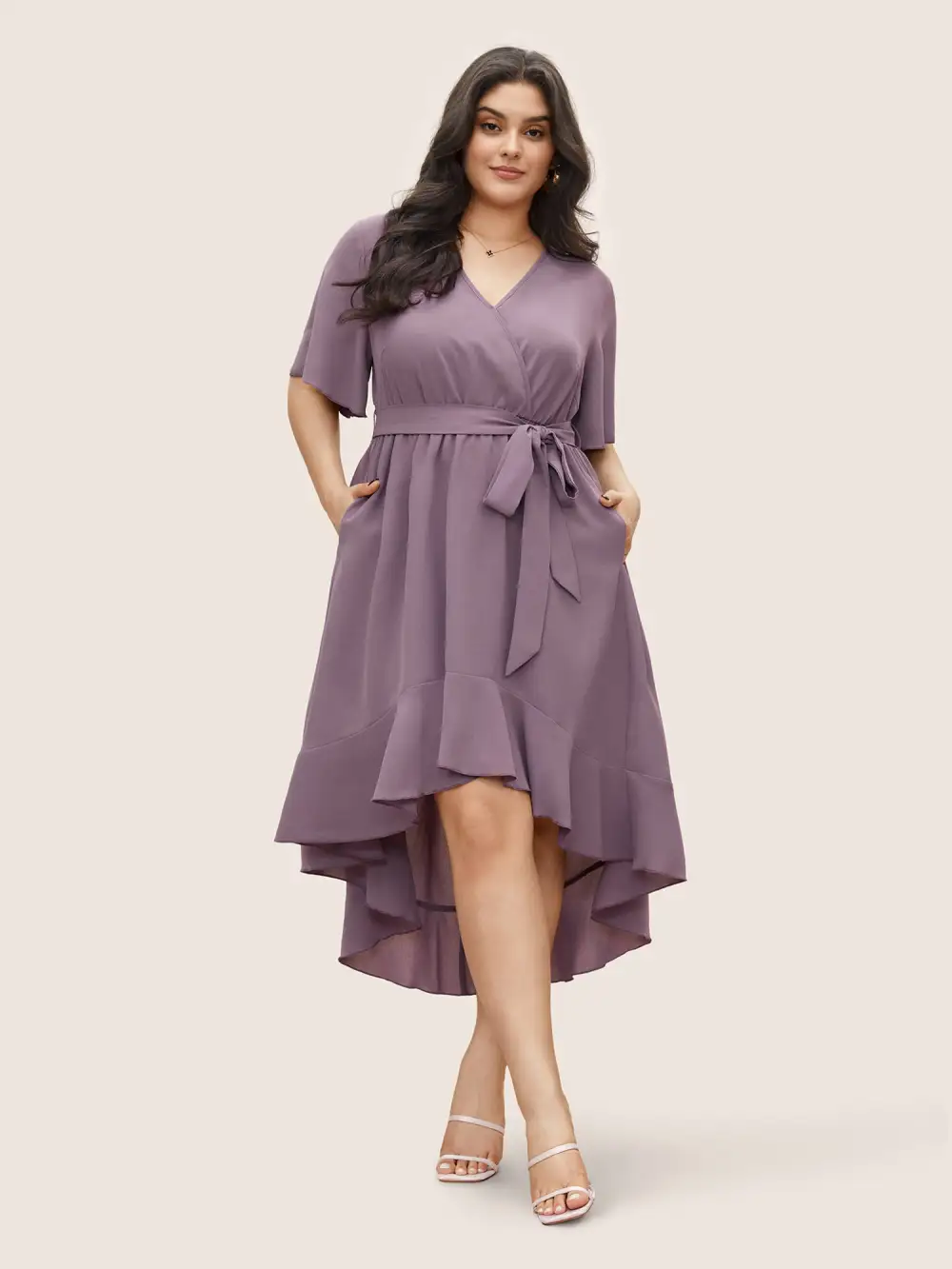 Bloom Dress - Solid Tie Surplice Ruffle High Low Dress