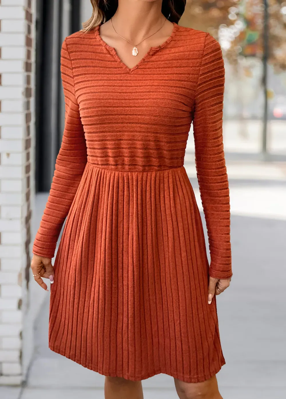 Brick Red Long Sleeve Split Neck Dress