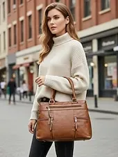 Women's Large Faux Leather Shoulder Tote Bag with Multiple Pockets, Stylish Handbag for Work, Travel and Everyday Use