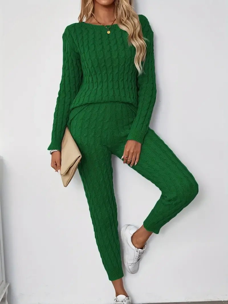 Solid Knitted Matching Two-piece Set, Casual Long Sleeve Sweater & Pants Outfits, Women's Clothing