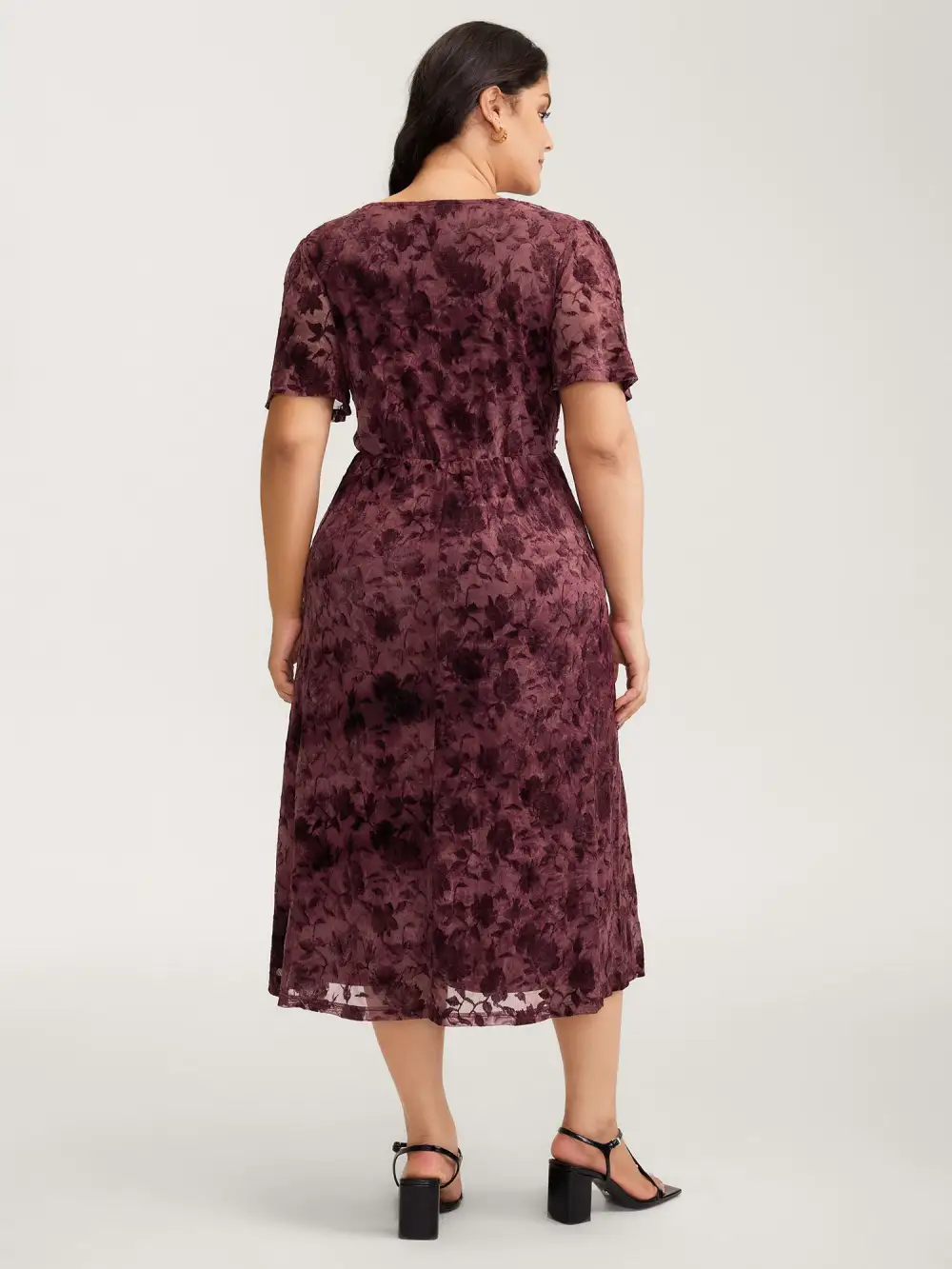 Velvet Jacquard Pleated Waist Sheer Midi Dress