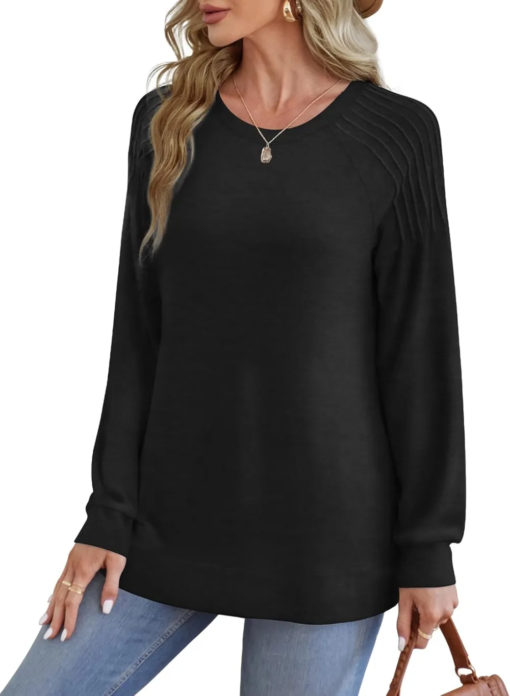 Sweatshirt for Women Crewneck Pleated Long Sleeve Shirts Tunic Tops Fashion 2024