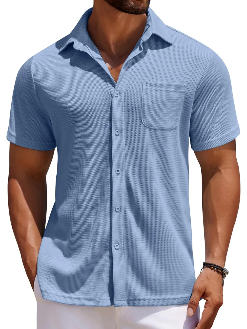 Men's Everyday Waffle Casual Pocket Solid Color Short Sleeve Shirt