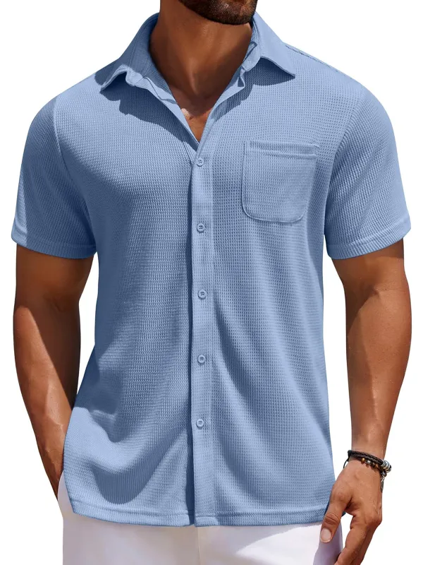Men's Everyday Waffle Casual Pocket Solid Color Short Sleeve Shirt
