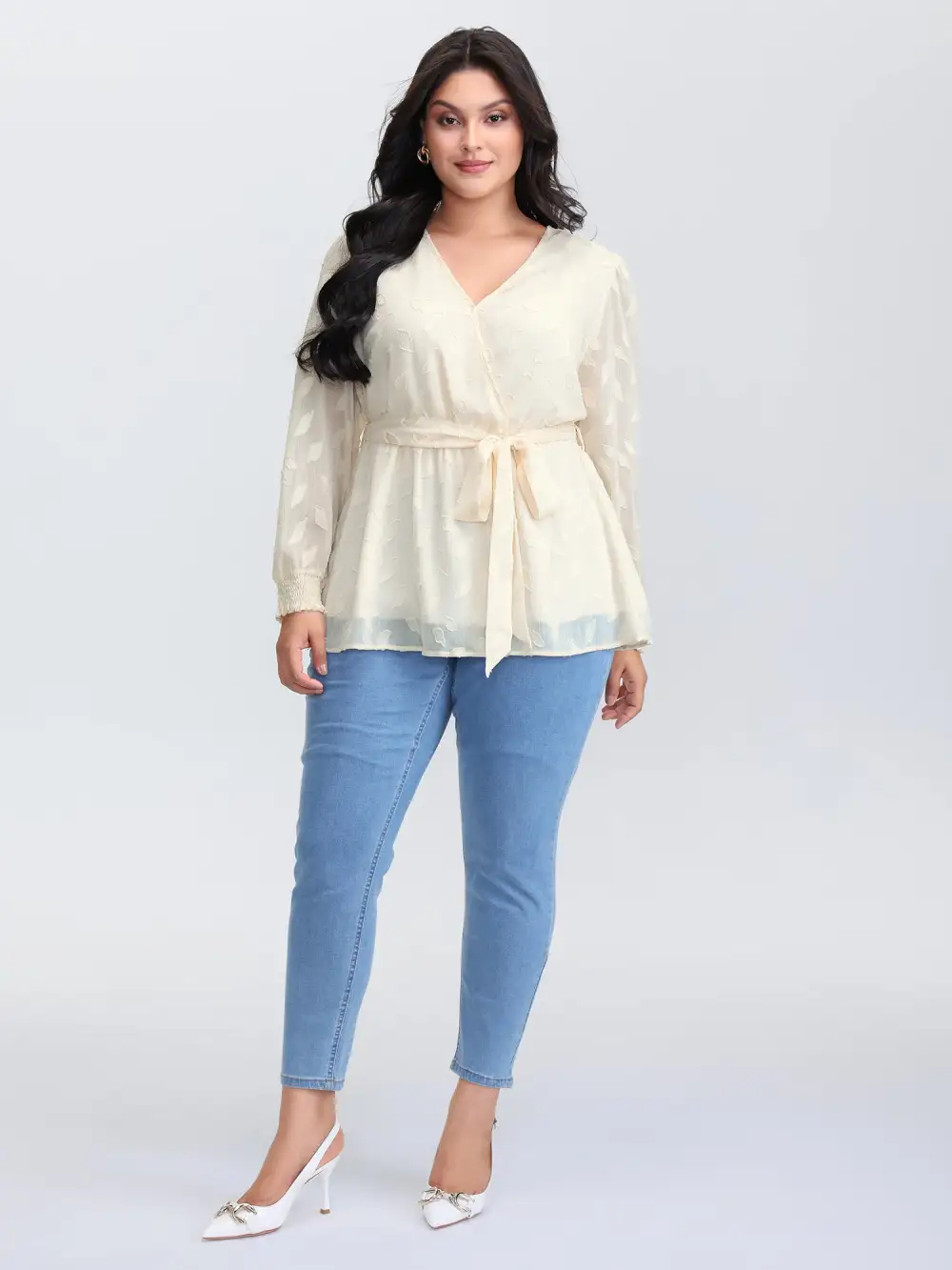 Sheer Chiffon Textured Waist-Tie Blouse
