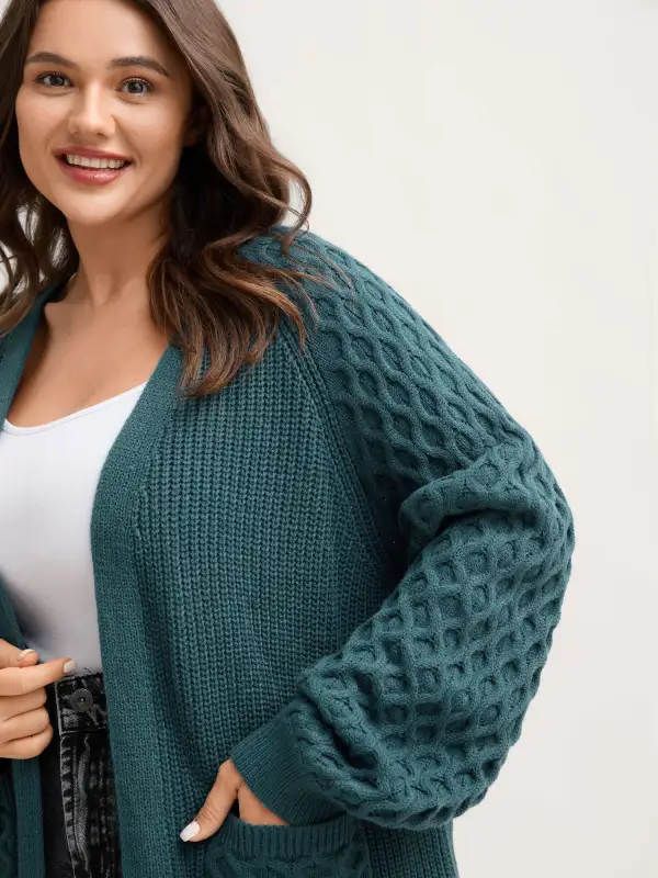 Textured Balloon Sleeve Pockets Knit Cardigan