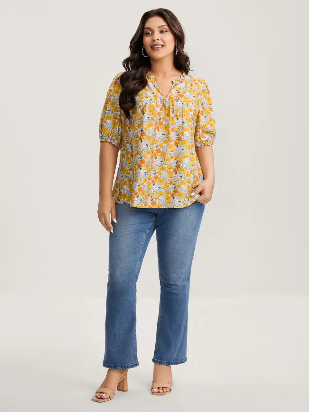 Rayon Ruffled Notched Collar Blouse