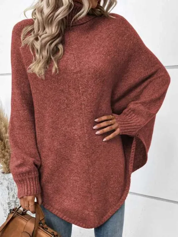 Solid Turtleneck Batwing Sleeve Sweater