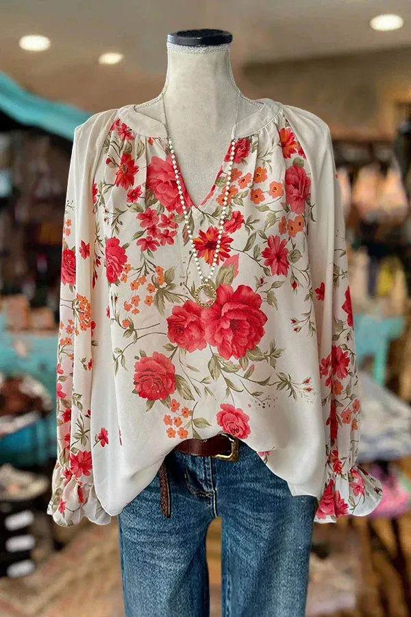 Floral Print Flared V-Neck Blouse