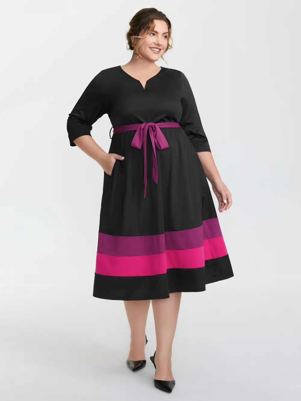 Color Contrast Stretchy Waist-Tie Midi Dress