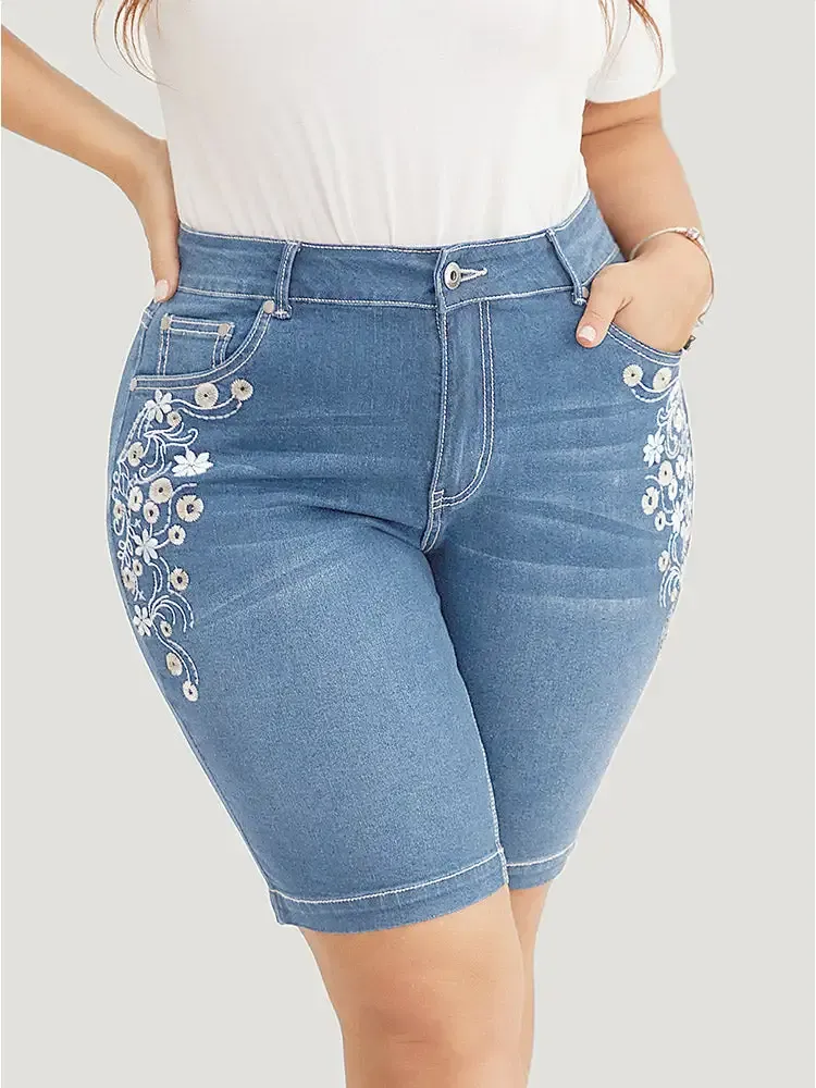 Very Stretchy High Rise Dark Wash Floral Embroidered Denim Shorts