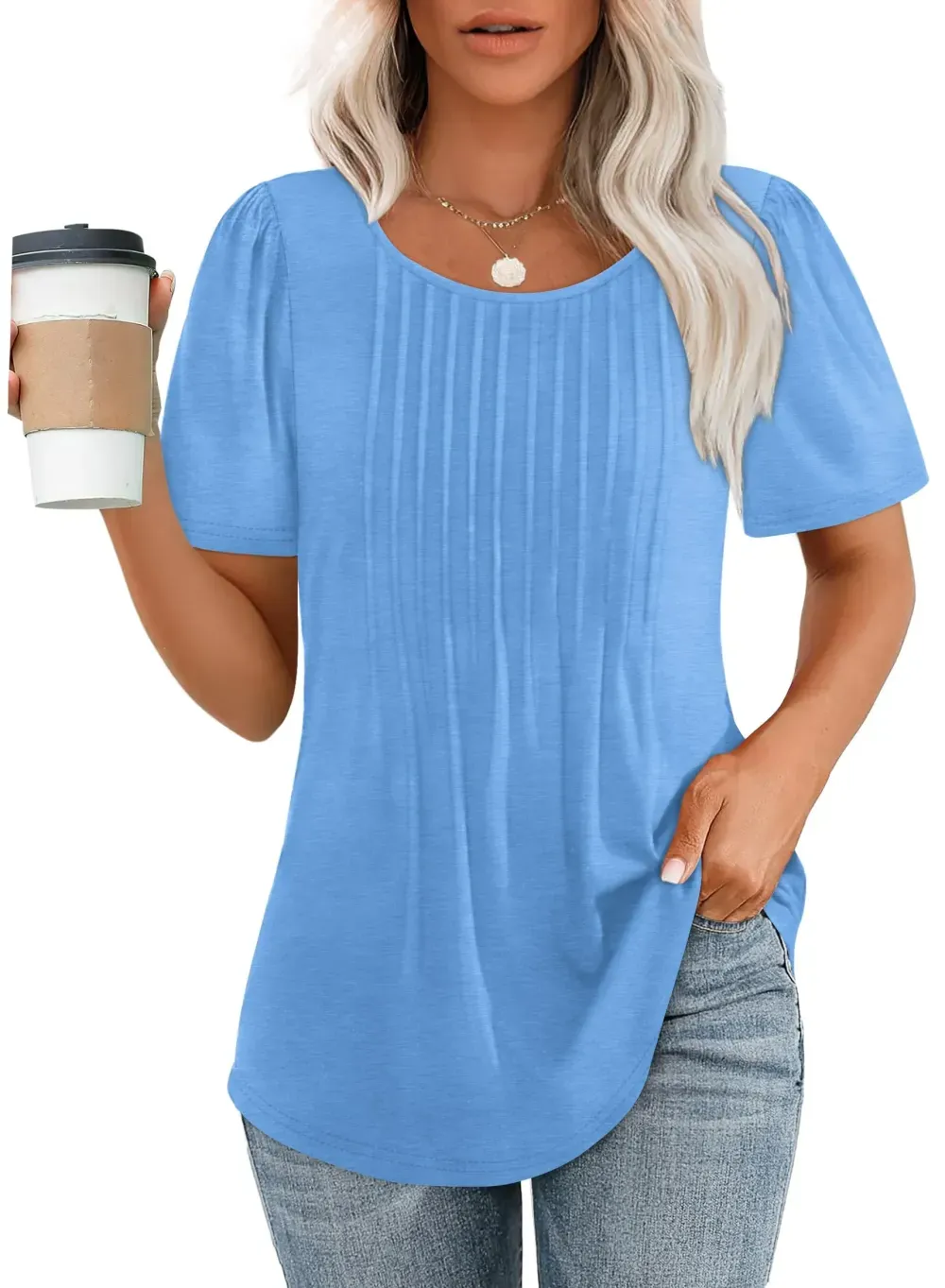 📣Women Summer Pleated Short Sleeve Tunic Blouses Tops