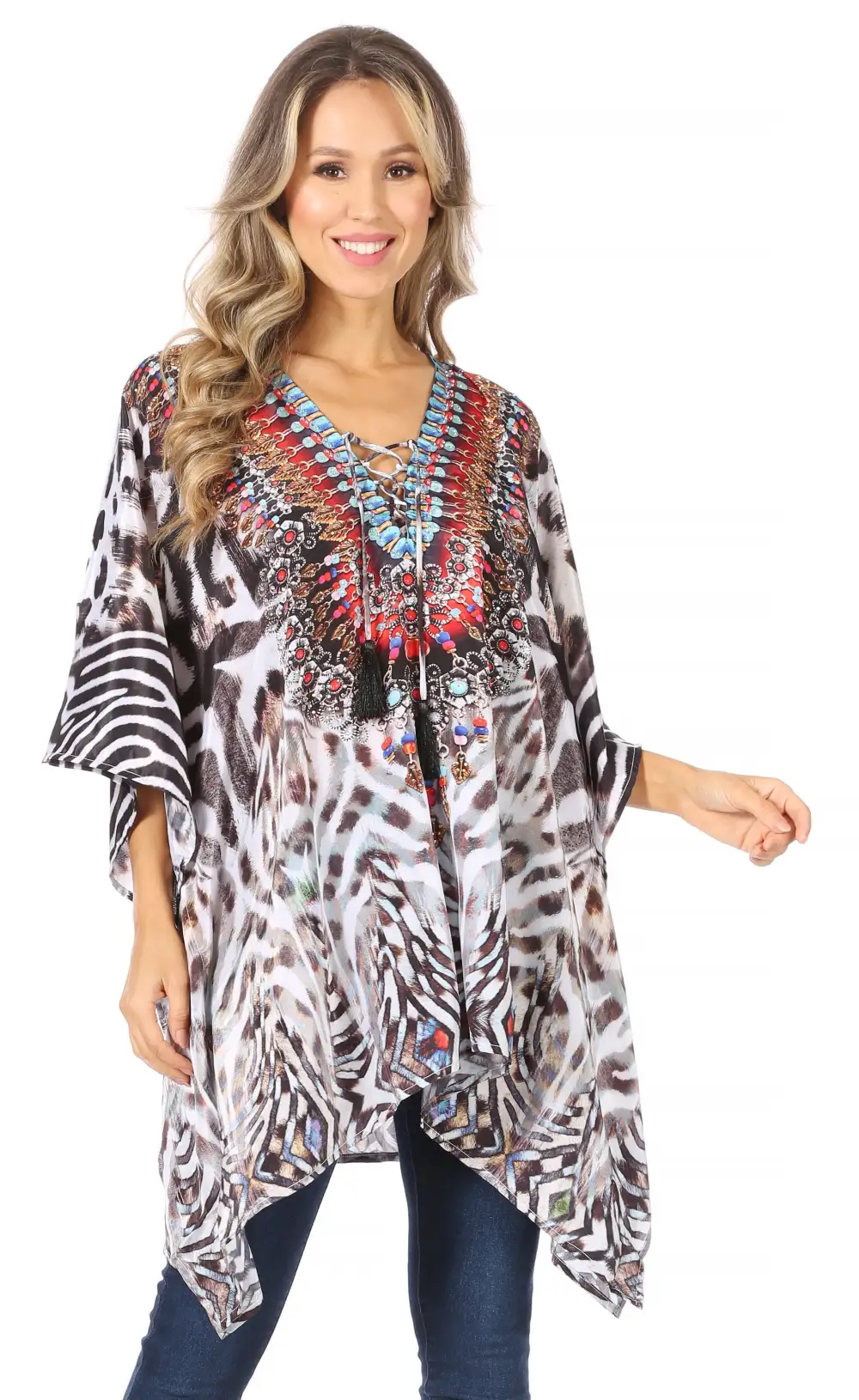 Women's Caftan Poncho Cover up V neck Top Lace up With Rhinestone