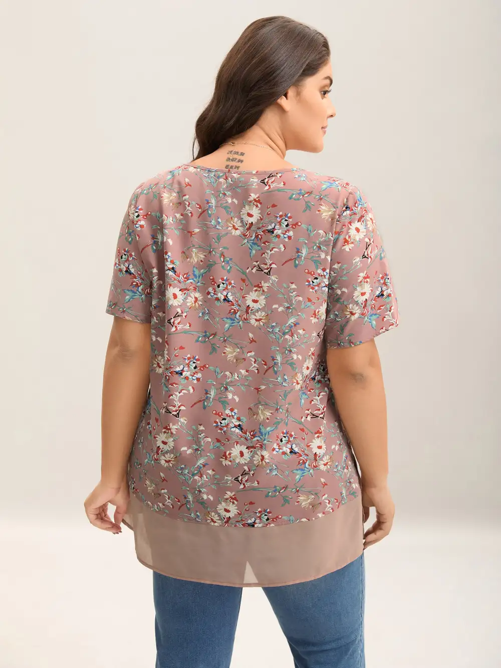 Garden Print Spliced V-Neck Blouse