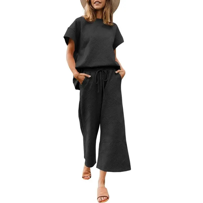 Women's 2-Piece Knit Loungewear Set – Short Sleeve Top & Cropped Wide Leg Pants