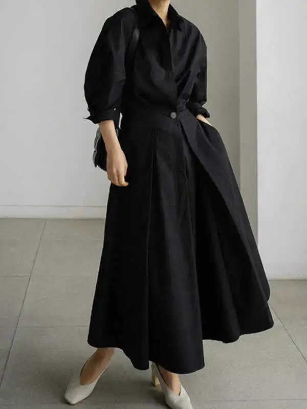 Original Solid Color Lapel Long Sleeves Midi Dress