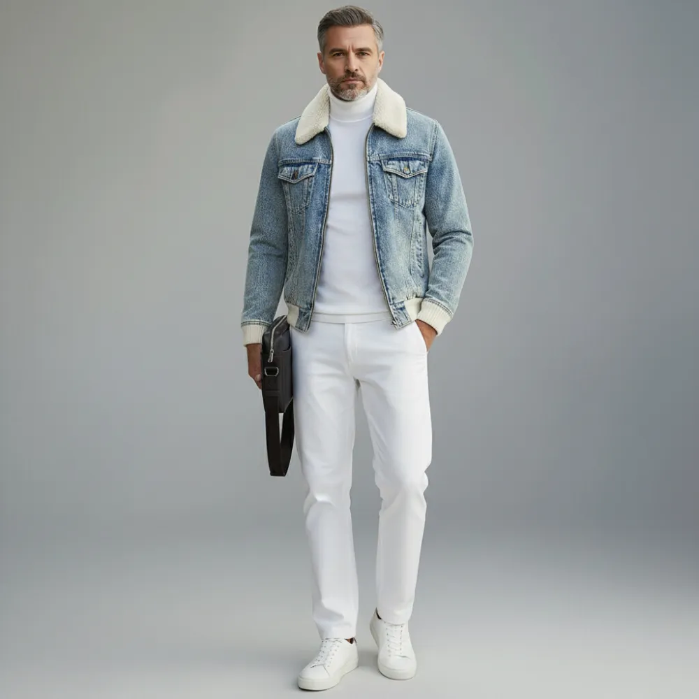 Men's Light Blue Denim Shearling Collar Knit Cuffs Pocket Long Sleeve Zipper Jacket