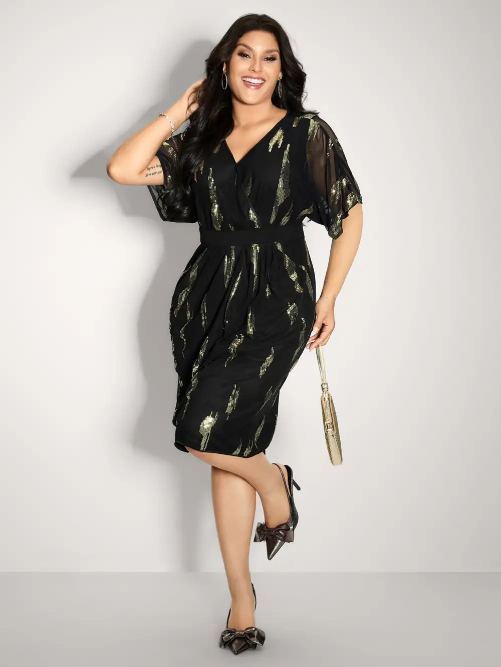 Sequin Embroidery Pleated Waist Midi Dress