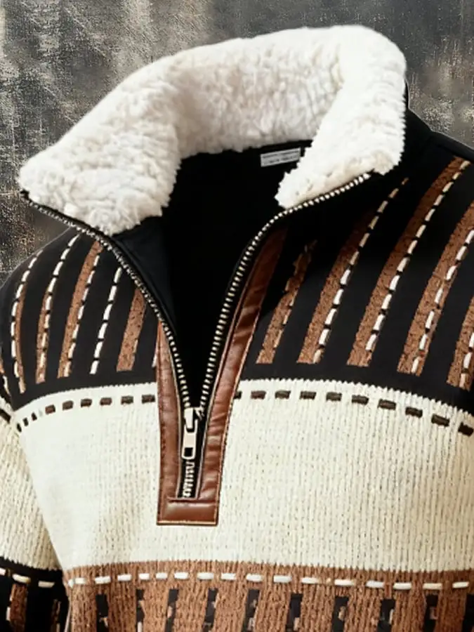 Men's Retro Color Block Print Casual Fur Collar Sweatshirt