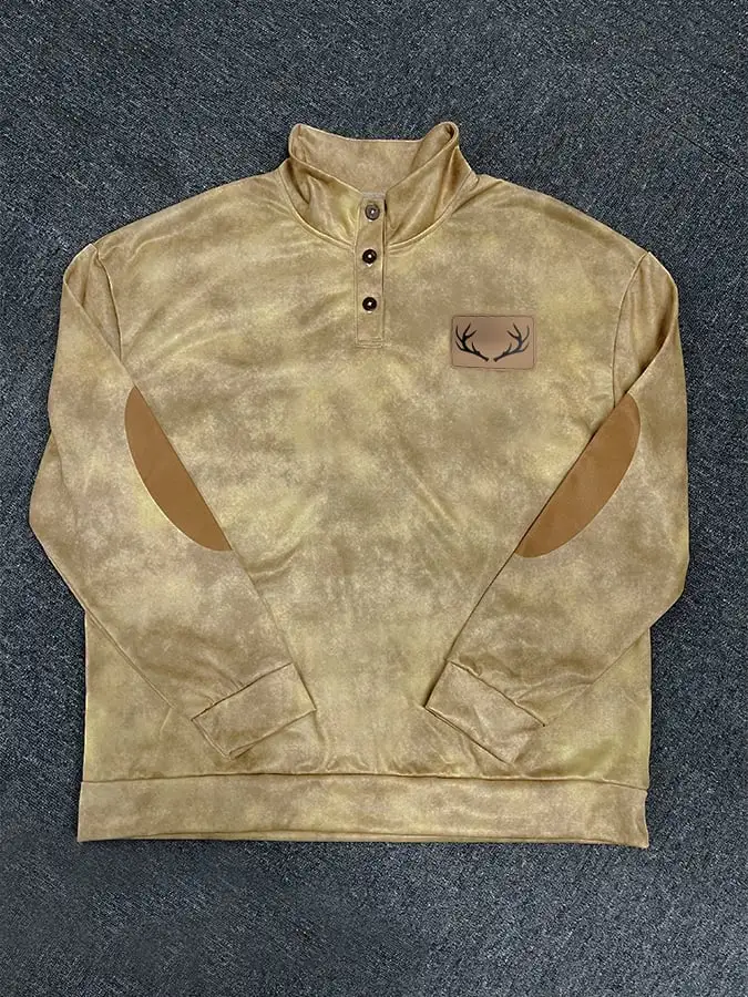 Men's Fleece Vintage Western Antler Hunting Enthusiast Stand Collar Sweatshirt