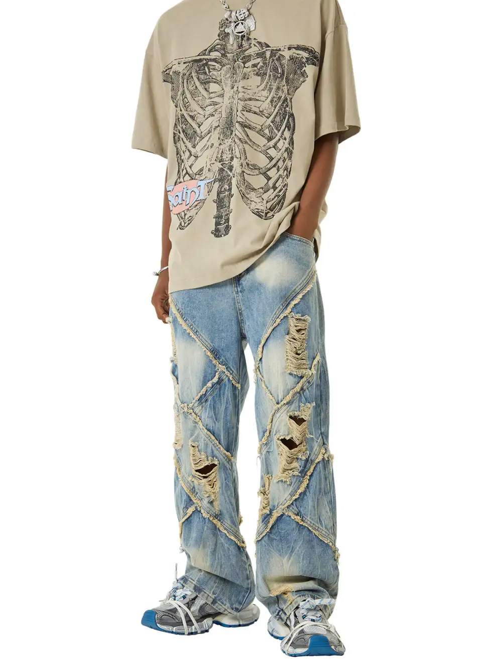 Heavy Washed Ripped Plaid Stitching Hip-Hop Jeans - 2174