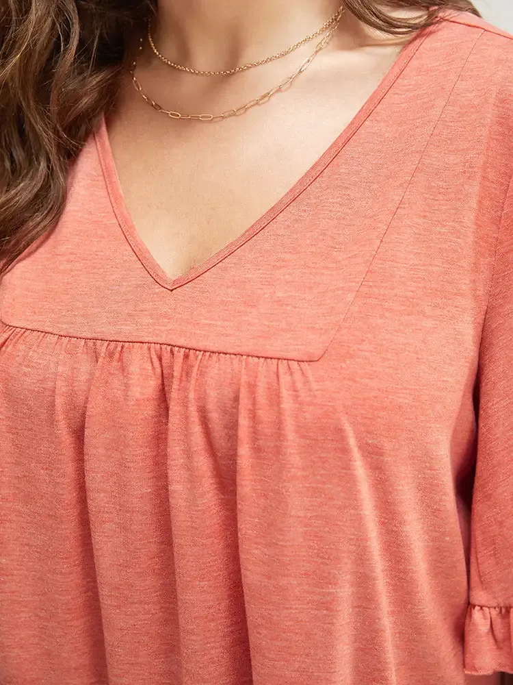 Solid Gathered Ruffle Trim Flounce Sleeve T-shirt