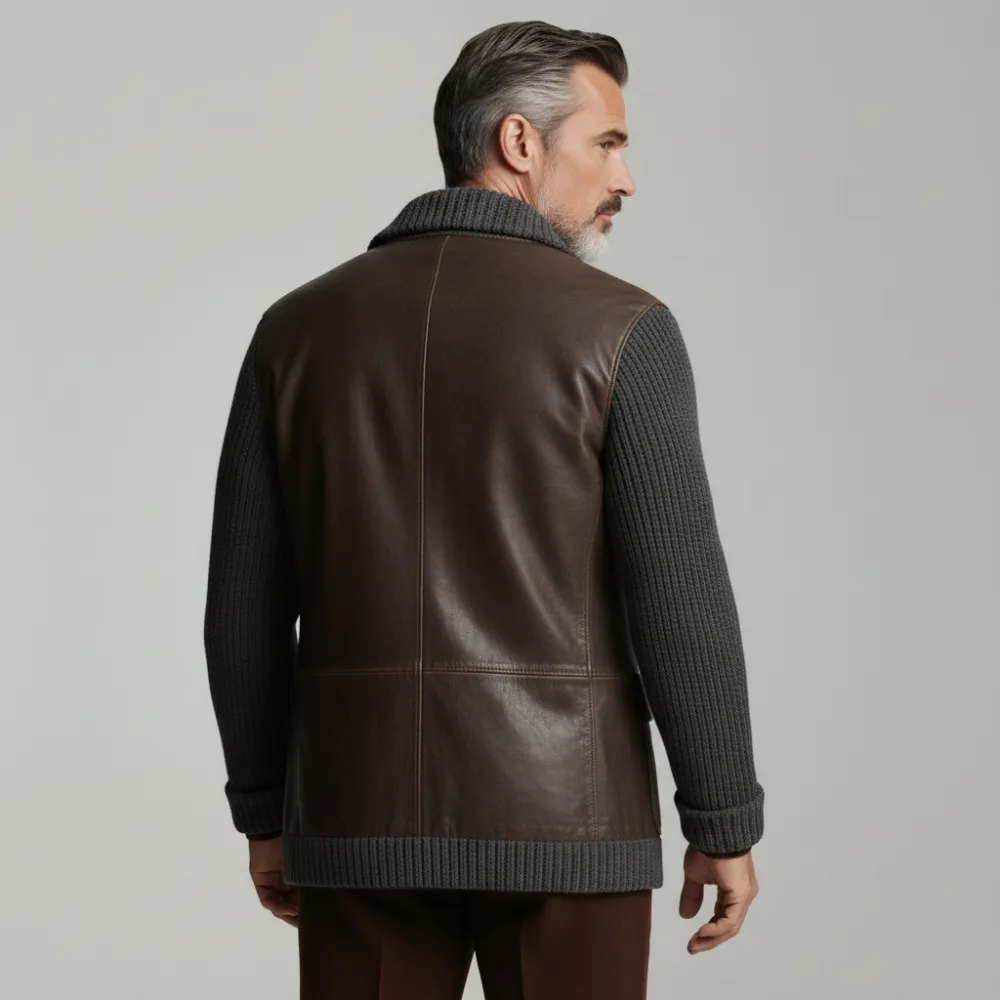 Men's Brown And Gray PU Patchwork Knit Shawl Lapel Single Breasted Pockets Long Sleeve Sweater Cardigan