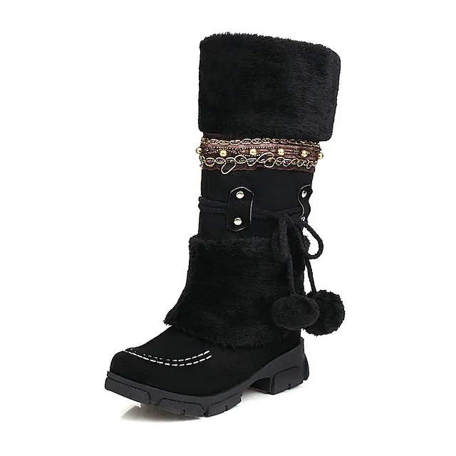 Women's Boots Snow Boots Plus Size Outdoor Daily Fleece Lined Knee High Boots Winter Bowknot Pom-pom Chunky Heel Round Toe Casual Industrial Style PU Lace-up Black Purple Brown