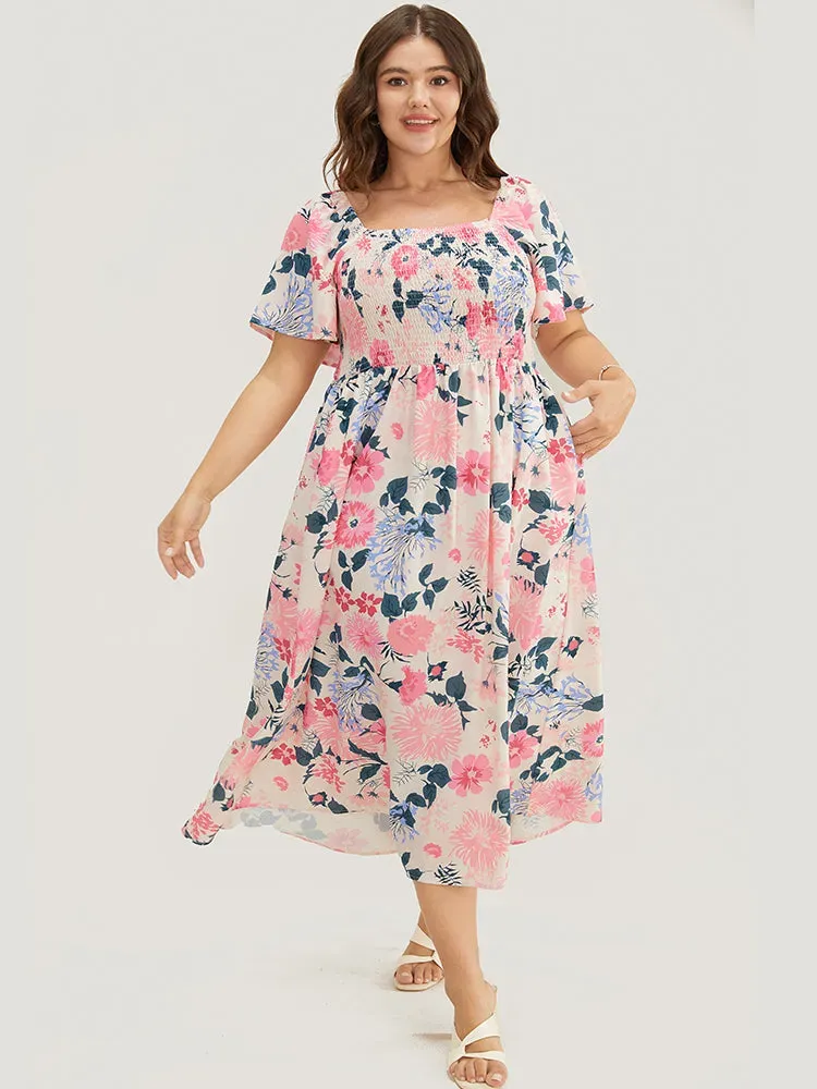 Floral Backless Shirred Square Neck Pocket Ruffle Hem Dress