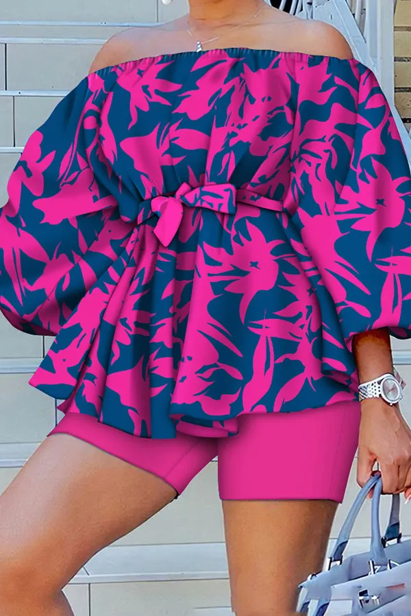 Denim Print Off-Shoulder Belted Pant Set