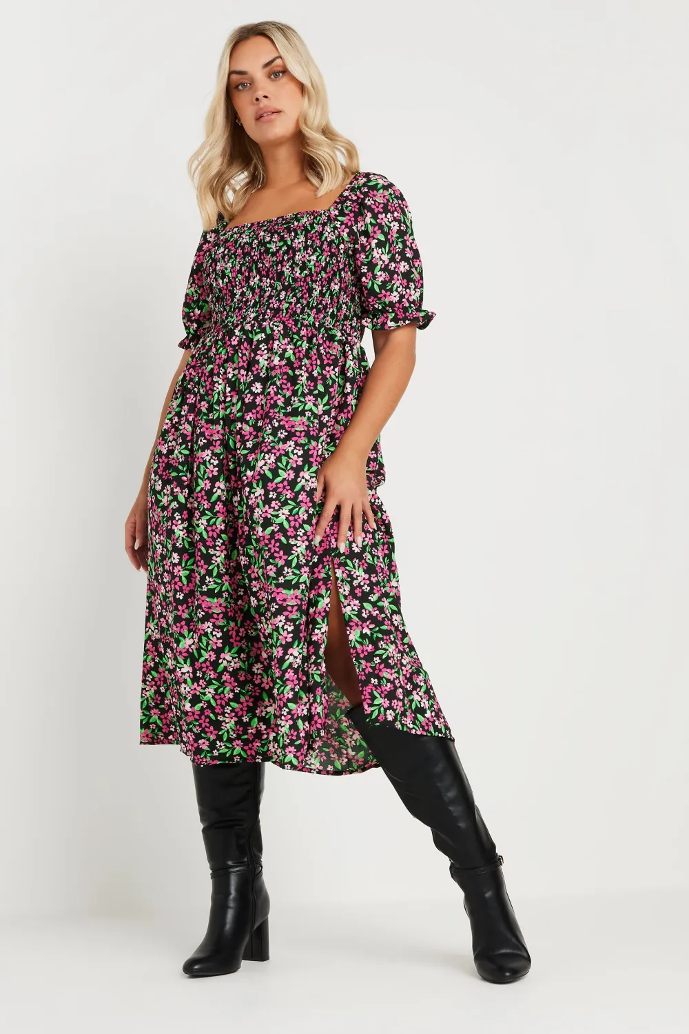 YOURS Curve Black Floral Print Shirred Midi Dress