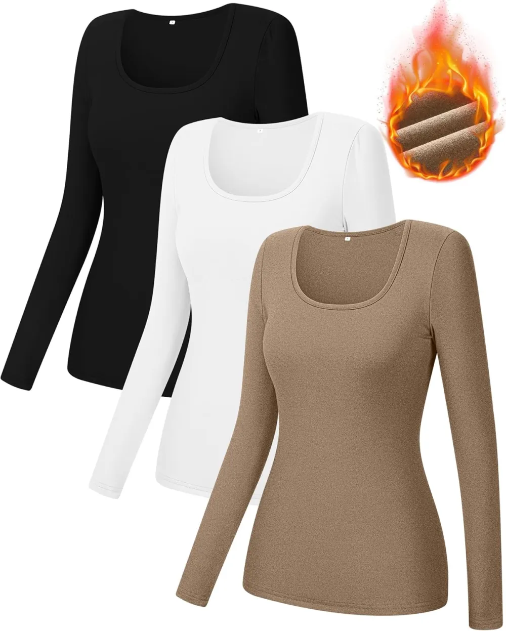 3 Pack Women's Thermal Long Sleeve Shirts Fleece Lined Scoop Neck Stretch Fitted Tops Winter Base Layer Underwear