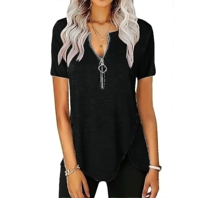 Women‘s Casual Short-Sleeved Top V-Neck Zipper Solid Color Button T-shirt Blouse
