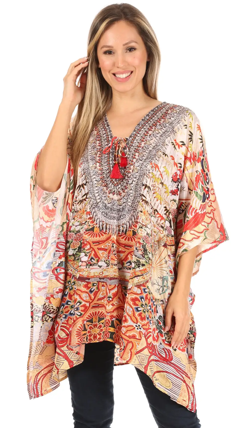 Women's Caftan Poncho Cover up V neck Top Lace up With Rhinestone