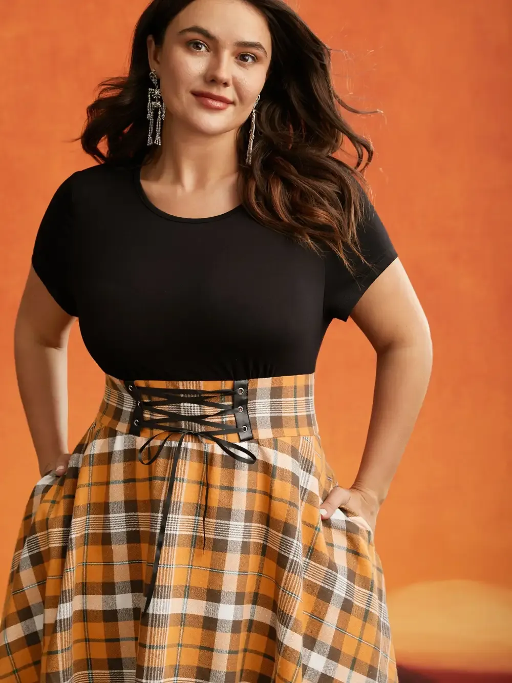 Elastic Plaid Asymmetrical Hem Dress