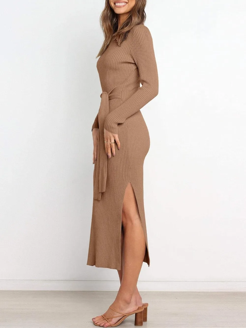Long Sleeve Sweater Dress Crew Neck Slim Fit Slit Tie Waist 2024 Ribbed Knit Bodycon Midi Dress Fall Outfits