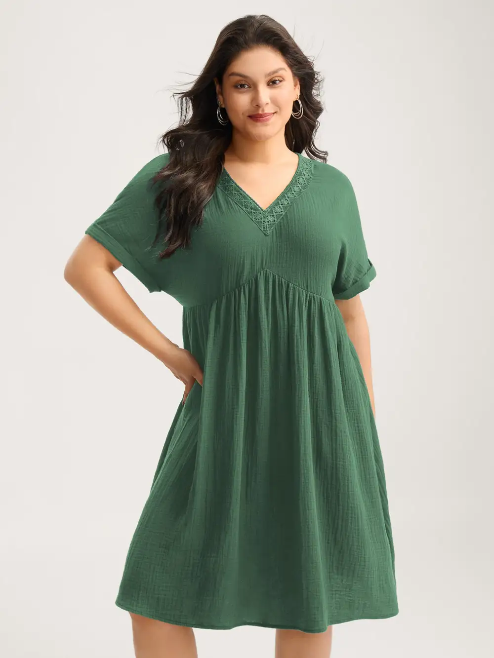 Pure Cotton Lace V-Neck Solid Midi Dress