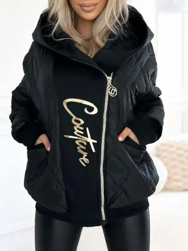 Women's Hooded Zipper Stitching Contrast Color Letter Print Casual Coat