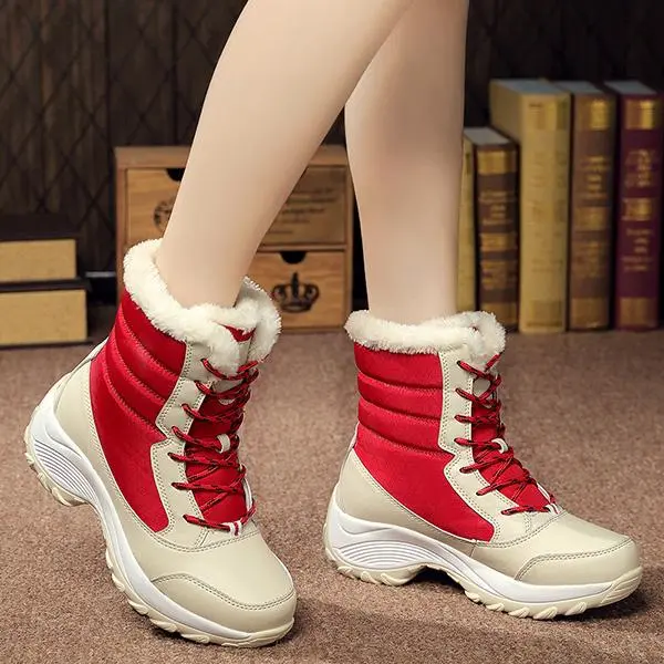 New Fashion Winter Fur Lining Lace Up Waterproof Mid-Calf Boots
