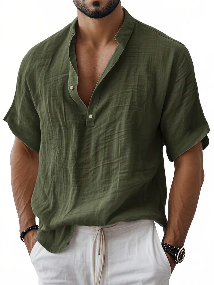 Men's Breathable Linen Henley Button Short Sleeve T-Shirt Henley Shirt