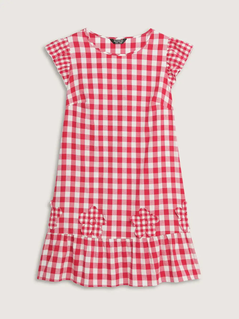 Cotton Gingham Embroidered Ruffled Hem Knee Dress