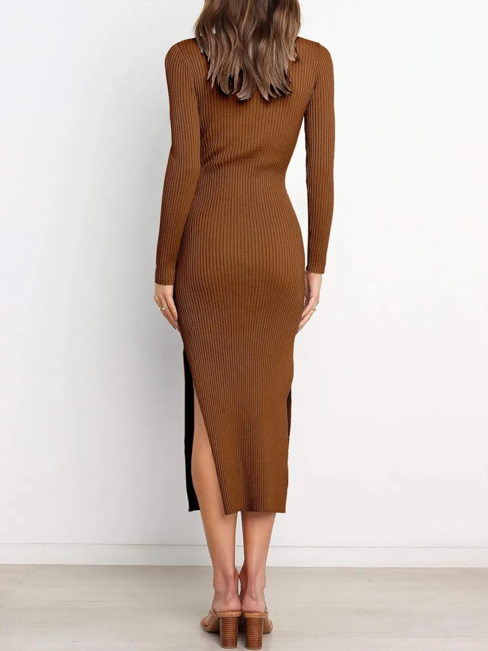 Long Sleeve Sweater Dress Crew Neck Slim Fit Slit Tie Waist 2024 Ribbed Knit Bodycon Midi Dress Fall Outfits