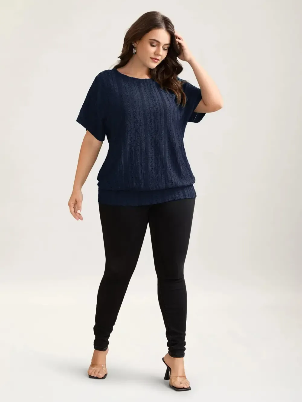 Eyelet Trim Stretchy Textured Plain Top