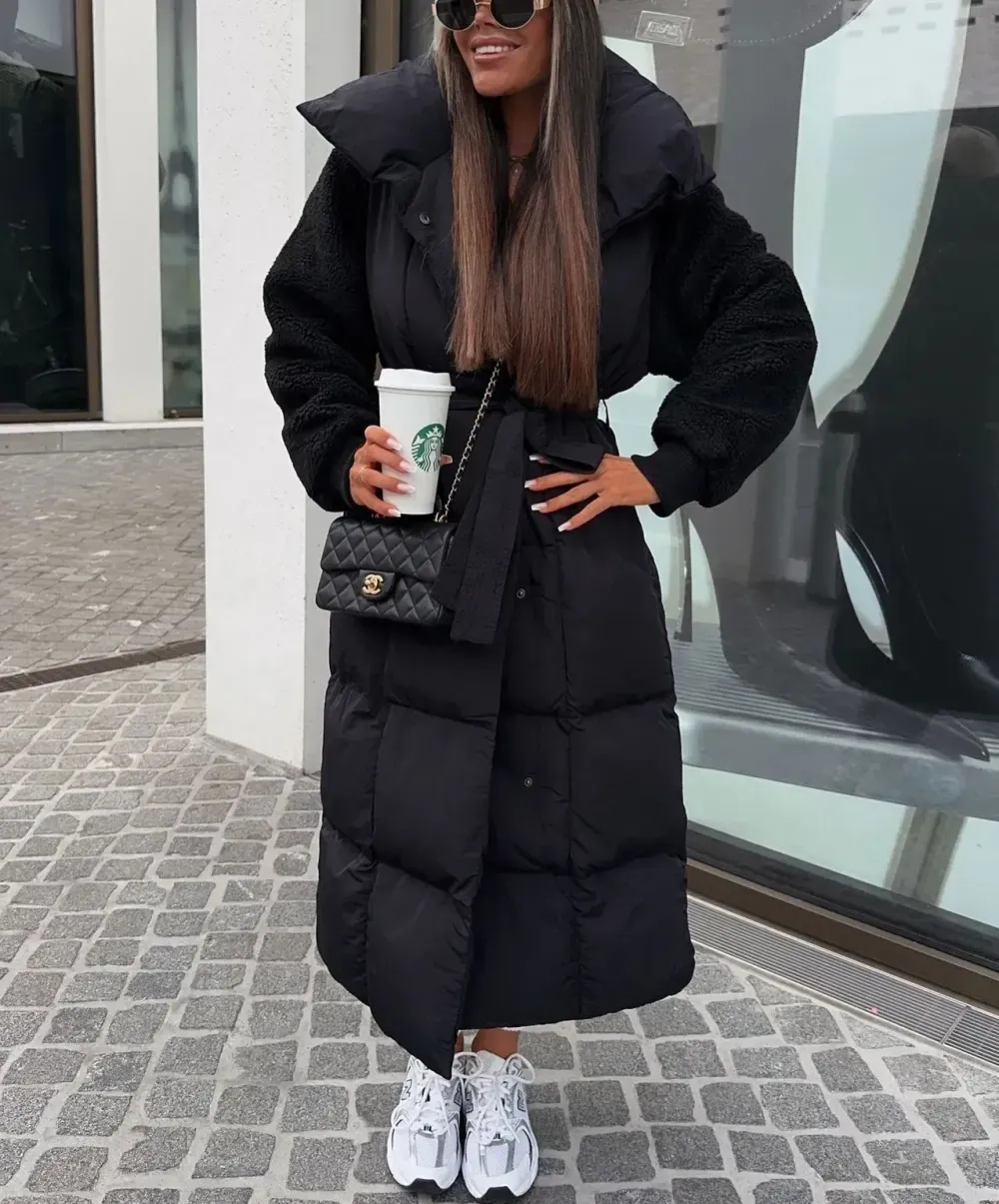 Lambswool Sleeve Tie-Up Long Jacket