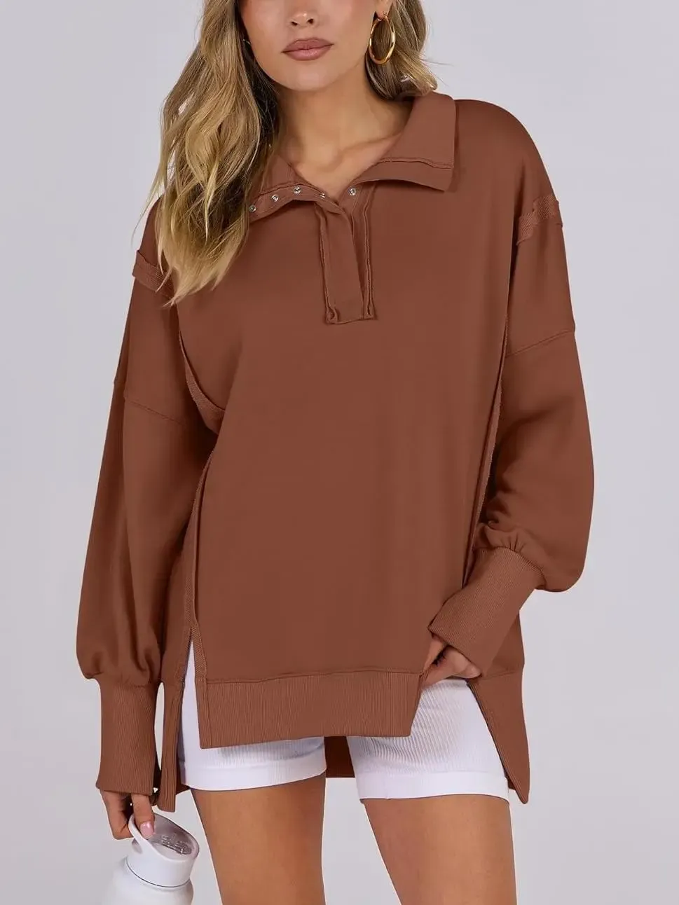 ✨Women's Oversized High Low Split Button Up Henley Pullover Top