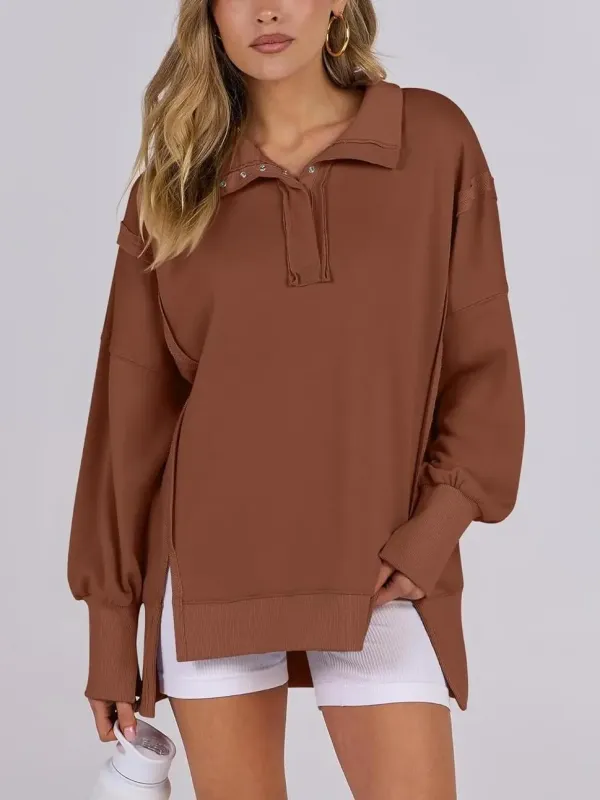 ✨Women's Oversized High Low Split Button Up Henley Pullover Top