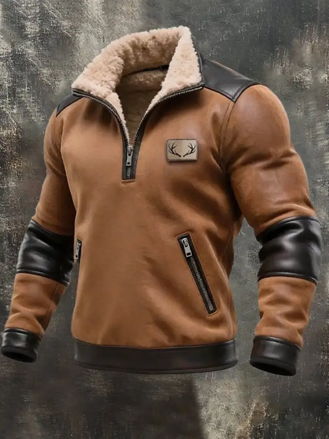 Men's Vintage Suede Leather Zipper Fur Collar Sweatshirt