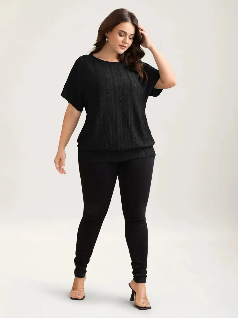 Eyelet Trim Stretchy Textured Plain Top