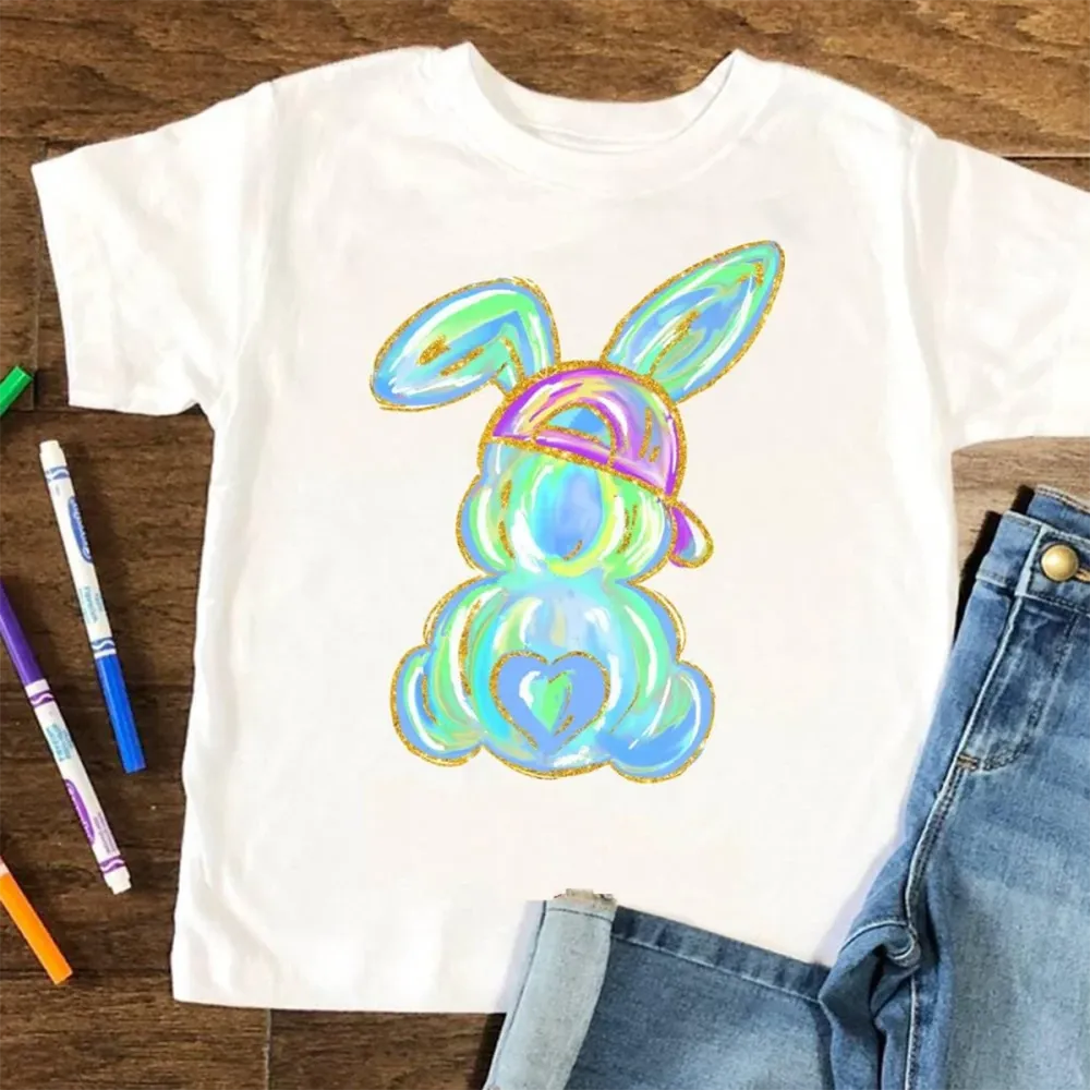 Easter Colorful Bunny Printed Round Neck Short Sleeve T-Shirt